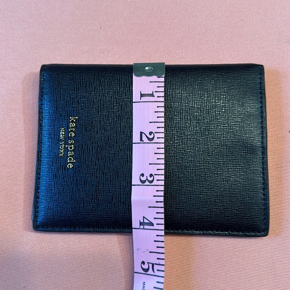 New KATE SPADE Leather Passport Holder. Metal Gold Logo. Black/Pink Interior.